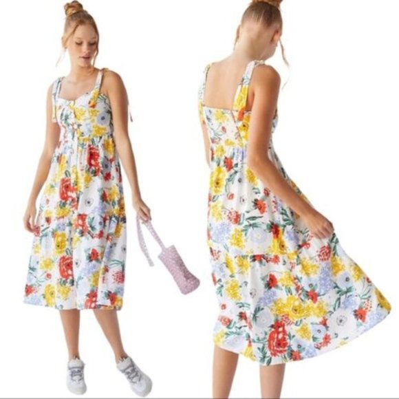 URBAN OUTFITTERS Positano Cotton Tie Shoulder Floral Midi Sundress size Medium - Picture 1 of 8